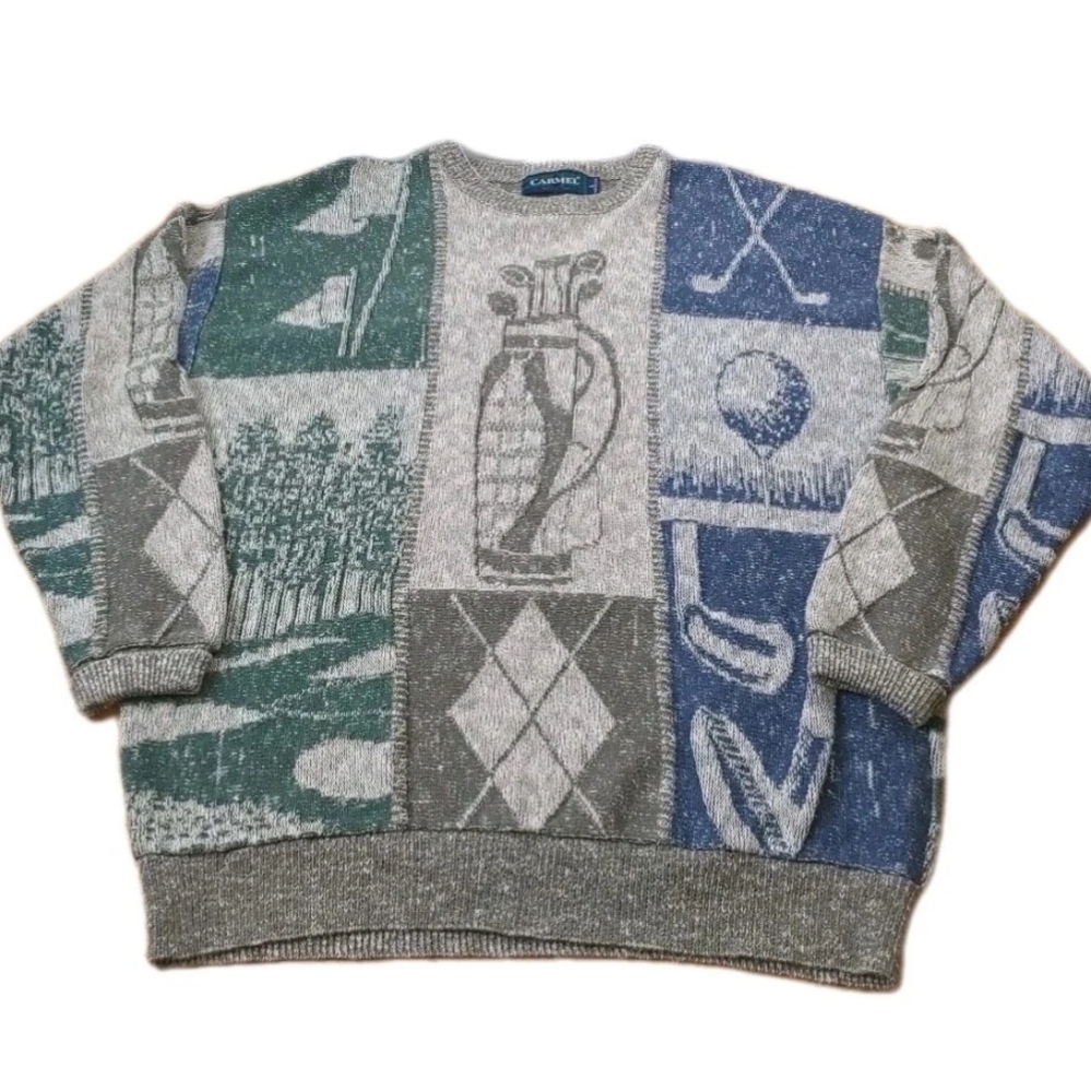 Carmel Golf Sweater Men Large Gray Cable Knit Colorblock Crewneck Vintage USA